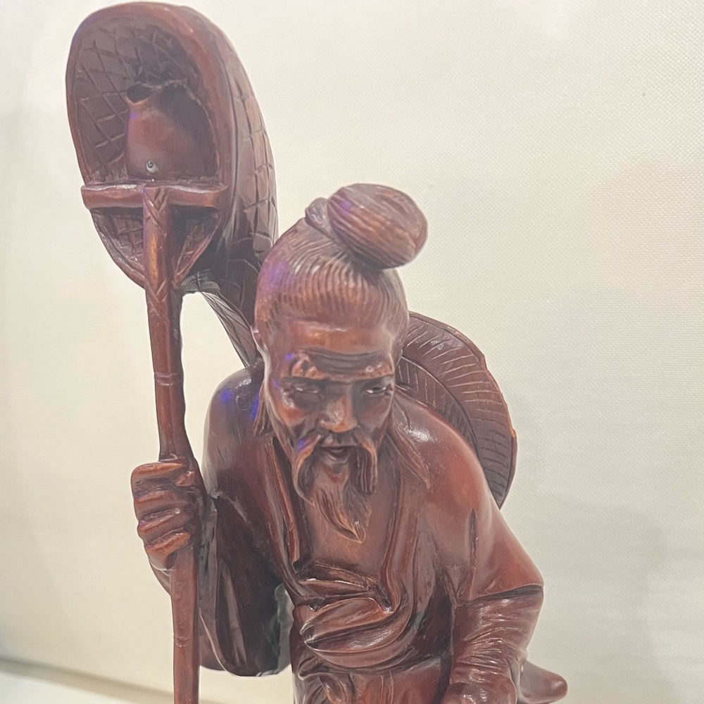 19th Cent Vintage Japanese Carved Wood Fisherman with Boy, Fish and Fishing Net